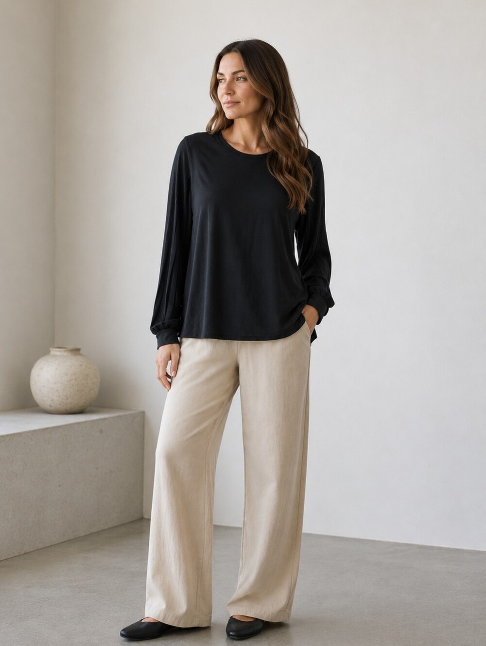 James Perse Long Sleeve Pleated-back Top Minimalist Quiet Luxury Women's 1 / S